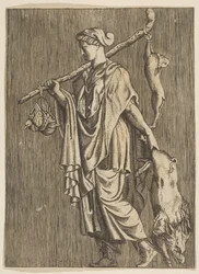 Frau kehrt von der Jagd zurück und trägt einen Eber in ihrer linken Hand und einen Stock in ihrer rechten Hand, ca. 1515-1600