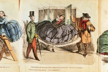 Frau kämpft darum, in eine Kutsche zu steigen, ca. 1860