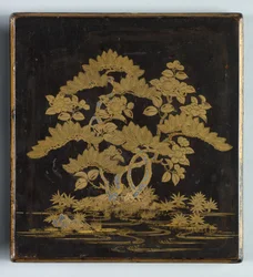 Schreibkasten Suzuribako mit Design von Kiefer, Kamelie und Bambusdeckel, 1400er Jahre