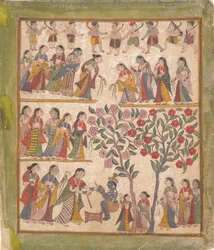 Yashoda bindet Krishnas Hände: Seite aus einem verstreuten Bhagavata Purana Manuskript