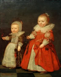 Zwei kleine Mädchen, stehende Ganzfiguren nach links