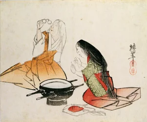 Eine junge Frau, die eine Nadel einfädelt, von Chinnen, veröffentlicht um 1830
