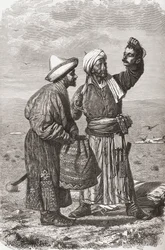 Ein afghanischer Soldat hält den abgetrennten Kopf seines Feindes, Illustration aus 