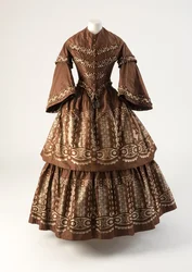 Braunes und cremefarbenes Seidenkleid mit Volants, 1850er Jahre