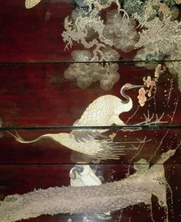 Detail eines Coromandel-Bildschirms mit Reihern, 1619 (Lack)