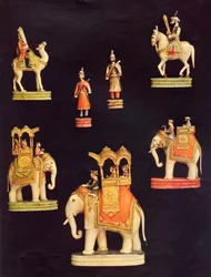 Stücke aus einem Elfenbein-Schachspiel, das um 1790 in Delhi für Begum Samru hergestellt wurde