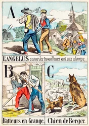 A Beim Angelusläuten gehen die Arbeiter auf die Felder; B Drescher in der Scheune; C Schäferhund - „Alphabet des Bauernhofs“ Ende des 19. Jahrhunderts (Gravur)
