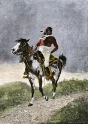 Ein tapferer Comanche, reitet auf einem Pferd in den südlichen Prärien (Texas, Oklahoma, USA), um 1800. Lithographie