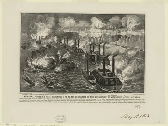 Admiral David Dixon Porters Flotte durchbricht die Rebellenblockade am Mississippi bei Vicksburg, 16. April