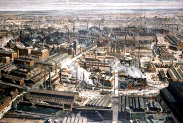 Luftaufnahme der Krupp-Fabrik in Essen, ca. 1920 (Gravur)