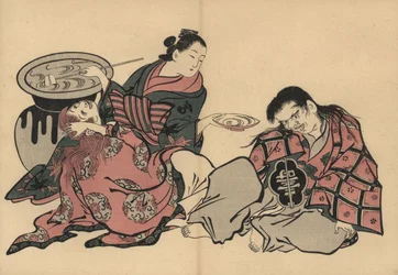 Eine Oiran Kurtisane spielt zwei Shojo mit Sake aus einer riesigen Vase. Holzschnitt von Masanobu Okumura (1686-1764) aus Fuzoku Emakimono, Bildrolle des Wasserhandels, Tokio, Nachdruck um 1880.