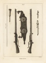 Alte Karabiner mit zwei Ladungen im selben Lauf, abgefeuert von zwei Steinschlössern