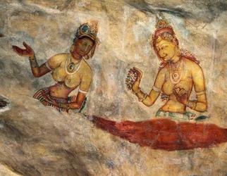 Apsaras, himmlische Nymphen, die Blumen anbieten, Fresko, befestigte Zitadelle von Sigiriya (UNESCO-Welterbeliste)