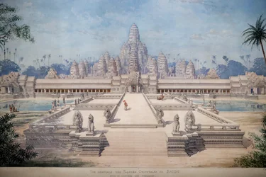 Asiatisches Zivilisationsmuseum, Angkor, Erkundung der heiligen Stadt Kambodschas, Ansicht der östlichen Fassade des Bayon von Louis Delaporte und Henri Deverin, Singapur, 2018 (Foto)