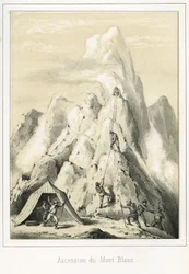 Lawine am Mont Blanc, die zum Tod von drei Bergführern führte. Stich „Himmel, Erde und Meer“ von R. Delasalle, um 1860