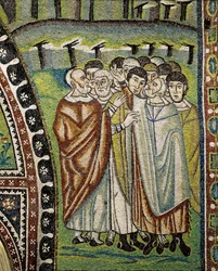 Basilika San Vitale, Detail der Lünettenmosaiken über dem Eingang zum Chorumgang mit der Darstellung Aarons und der Anführer der zwölf Stämme Israels, Ravenna, Emilia-Romagna, Italien