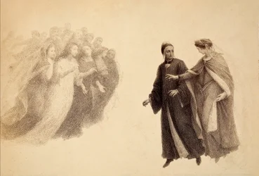 Beatrice zeigt Dante eine Gruppe von Seelen im Firmament des Paradieses. Illustration des Canto III von Paradiso aus der Göttlichen Komödie von Dante Alighieri. Werk von Francesco Scaramuzza, gewidmet der Gemeinde Florenz.