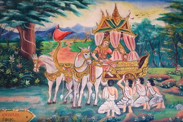 Buddha und Prinzessin Yashodhara und ihr Sohn Rahula. Leben des Buddha. Wandmalereien. Wat Inpeng, Vientiane, Laos