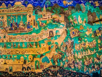 Chittra Shala Innenhof mit virtuosen feinen Gemälden, Taragarh Fort, Bundi, Rajasthan, Indien, Asien