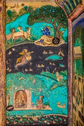 Chittra Shala Innenhof mit virtuosen feinen Gemälden, Taragarh-Fort, Bundi, Rajasthan, Indien, Asien (Foto)