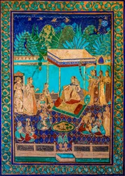 Chittra Shala Innenhof mit virtuosen feinen Gemälden, Taragarh Fort, Bundi, Rajasthan, Indien