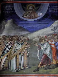 Christus in Herrlichkeit, der die weltlichen und geistlichen Kräfte kontrolliert, byzantinisches Fresko aus dem Kloster Agios Ioannis Lampadistis, Heiliger Johannes Lampadistis, 11. Jahrhundert, Zypern, bemalte Kirchen, UNESCO-Stätte, Troodos, Zypern