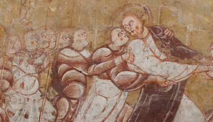 Kirche (Église Saint-Martin). Innenraum. Wandmalereien (Fresko). Nordwand des Chors. Detail. Verhaftung Christi. 12. Jahrhundert.