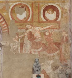 Kirche (Église Saint-Martin). Innenraum. Wandmalereien (Fresko). Westwand des Kirchenschiffs. Detail. Kreuzabnahme. 12. Jahrhundert.