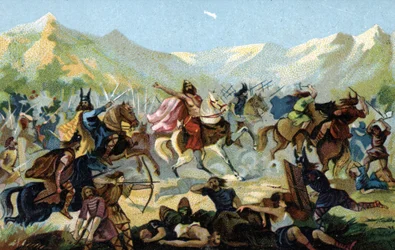 Chlodwig I. (466-511), König der Franken, während der Schlacht von Tolbiac im Jahr 496 gegen den germanischen Stamm der Alemannen, gelobte im Falle eines Sieges die Konversion. Ende des 19. Jahrhunderts (Chromolithographie)