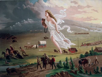 Konzept des Manifest Destiny: Allegorische weibliche Figur, die ein elektrisches Telegrafenkabel trägt, führt amerikanische Pioniere und Eisenbahnen westwärts, während sich Indianer und Büffel zurückziehen. Chromolithographie um 1873.