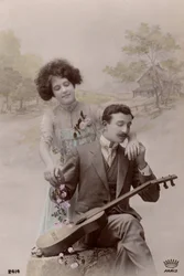 Paar mit Blumen und spanischer Gitarre, Frankreich, ca. 1910