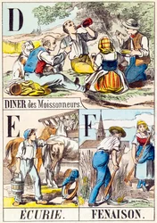 D E F: Abendessen der Erntearbeiter, Stall, Heuernte - „Alphabet des Bauernhofs“ Ende des 19. Jahrhunderts (Gravur)