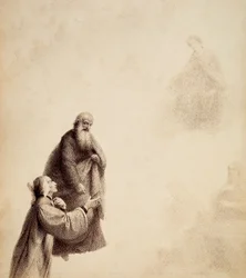 Dante, unterstützt von St. Bernhard, sieht Beatrice auf einem Thron unter den Seligen in einem Lichtschein sitzen. Illustration von Canto XXXI in Paradiso der Göttlichen Komödie von Dante Alighieri. Werk von Francesco Scaramuzza, gewidmet der Gemeinde Flor