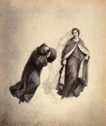 Dante bedeckt sein Gesicht mit den Händen, überwältigt von Beatrices Blick, so voller göttlicher Liebe. Illustration des Canto IV des Paradiso der Göttlichen Komödie von Dante Alighieri. Werk von Franceso Scaramuzza, gewidmet der Gemeinde Florenz.