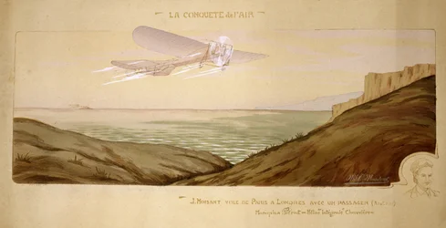 Anfang der Luftfahrt: John Moisant führt den ersten Passagiertransport über den Ärmelkanal durch, indem er seinen Mechaniker in seinem Bleriot-Doppeldecker am 17. August 1910 mitnimmt