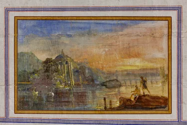 Detail der Dekoration, die eine Landschaft darstellt, Das Rote Zimmer, Das Königliche Apartment, Der Königspalast oder Palazzo dei Normanni, Palermo, Sizilien, Italien