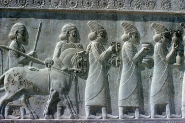 Detail des Relief-Frieses auf der östlichen Treppe zur Apadana (Audienzhalle), das lydische Delegierte darstellt, die Geschenke für eine Zeremonie tragen, Achämenidenzeit, ca. 515 v. Chr.