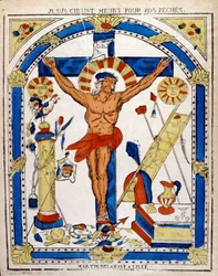 Niederländische Illustration aus dem 19. Jahrhundert, die den gekreuzigten Christus zeigt. Holzschnitt ca. 1850