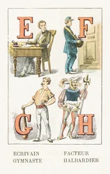 E - Schriftsteller; F - Briefträger; G - Turner; H - Hellebardier - Kinderalphabet, Editions Gordinne 1920 (Gravur)