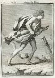 Studie eines Mannes, der gegen den Wind geht, mit vom Wind zerzausten Kleidern und Haaren und nach vorne geneigtem Körper. Gravur aus „Trattato della pittura“ von Leonardo da Vinci (1452-1519)