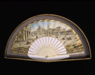 Fächermodell aus goldgerändertem Papier, verziert mit einem Gouachegemälde, das die Ziele der Grand Tour darstellt, gewöhnlich einer praktischen Bildungsreise von Künstlern und Intellektuellen des 18. und 19. Jahrhunderts durch die Mittelmeerländer