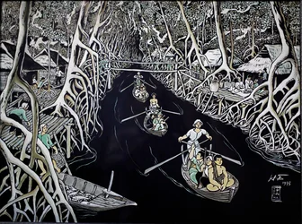 Kunstmuseum, Ca Mau Guerrillas von Thai Ha, Lackgravur, Ho-Chi-Minh-Stadt, Vietnam, 2018