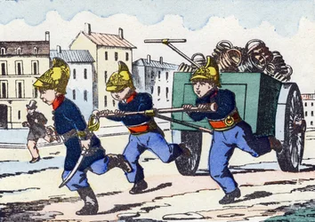 Feuerwehrleute. Gravur in "Alphabet militaire enfantin". Bildgebung von Pont-a-Mousson, um 1890. 20 Seiten.