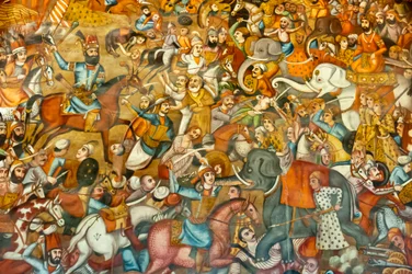 Fresko; Schlacht; Schlacht von Nadir Shah in der Schlacht von Karnal; 1739; auf einem Pferd; gegen Sultan Mohammed Shah Gurkani auf einem weißen Elefanten; Chehel Sotoun; Vierzig-Säulen-Palast; Isfahan; Iran; Asien