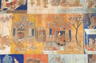 Fresken an den Wänden von Wat Bo, die Szenen aus dem Reamker darstellen, Siem Reap, Kambodscha (Foto)
