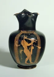 GR.126-1864 Oinochoe, verziert mit Satyr, der Doppelrohre spielt, attische rotfigurige Keramik, Athen, griechisch, 520 v. Chr.