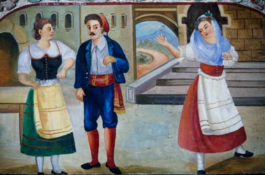 Galante Szene mit kostümierten Figuren, Holztafelmalerei, sizilianisches Kunsthandwerk, Sizilien, Italien, Detail