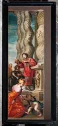 Genua, Duomo (St. Laurentius-Kathedrale), innen, linkes Seitenschiff, Originaltüren der Orgel des südlichen Querschiffs: "Hl. Laurentius tauft Hl. Romanus" (1634-6), von Andrea Ansaldo