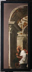 Genua, Duomo (St. Laurentius-Kathedrale), innen, linkes Seitenschiff, Originaltüren der Orgel des südlichen Querschiffs: "Hl. Laurentius verteilt den Kirchenschatz an die Armen" (1635), von Andrea Ansaldo