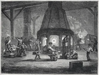 Glasherstellung in der zweiten Hälfte des 19. Jahrhunderts: Kinder bei der Arbeit, ca. 1880 (Gravur)